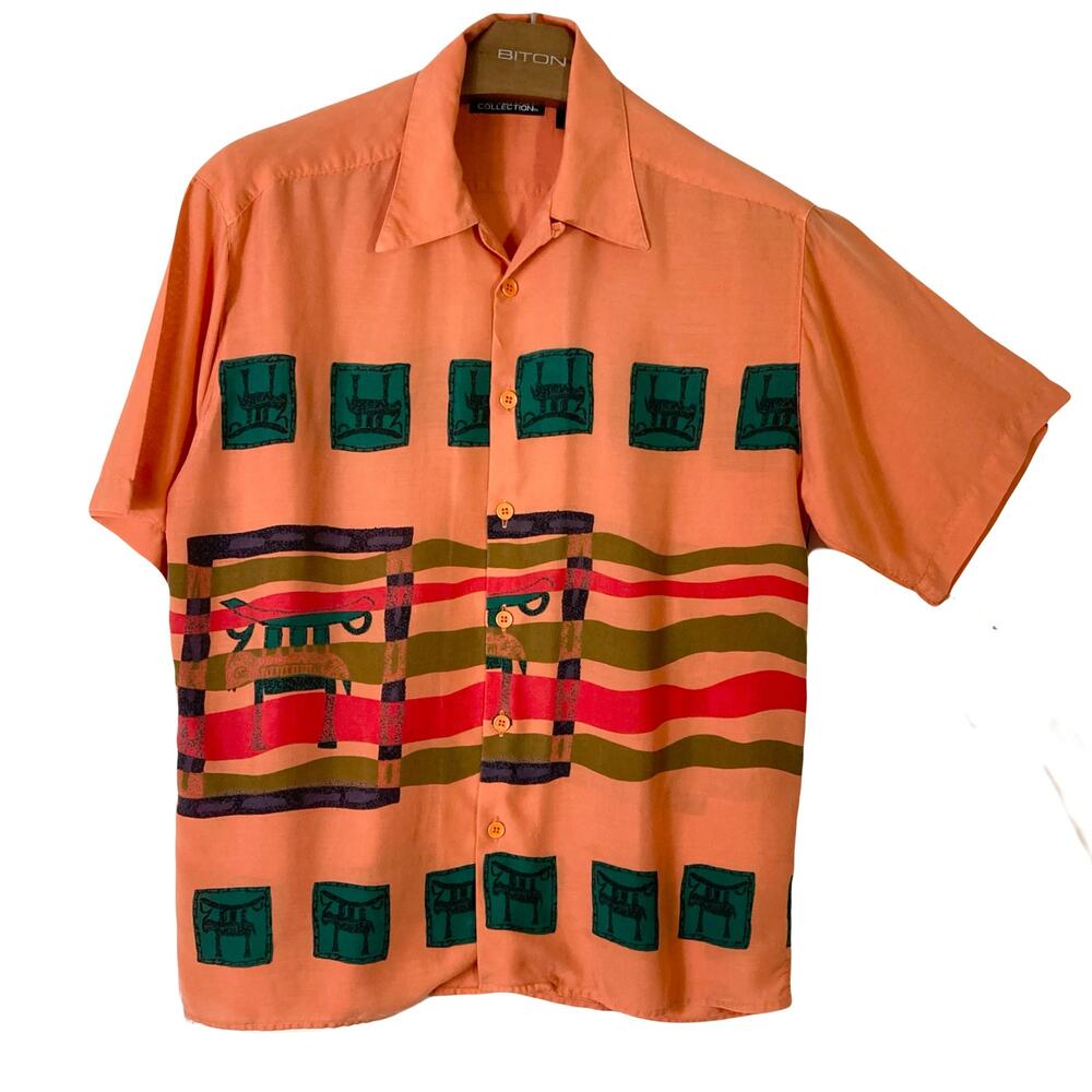 NWOT GENERRA COLLECTION Shirt M Vintage Art Tribe Aztec Folk Stripe Coral Button